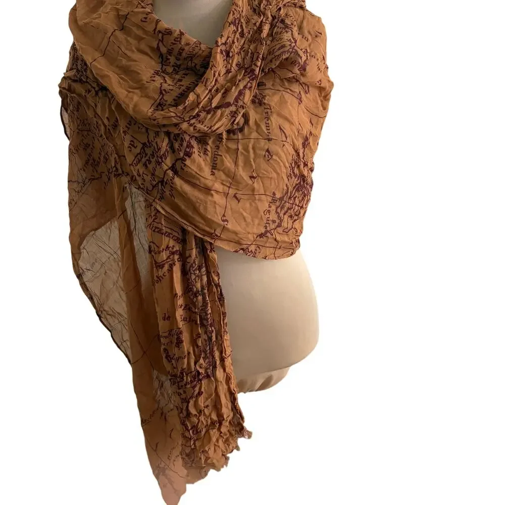 NWT Patricia Nash Riot Rust Antique Map Art Print Fringe Wrap Shawl Scarf Boho
